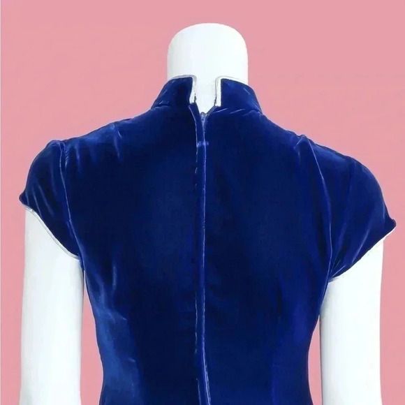 Vintage Electric Blue Floral Cheongsam Pencil Dress Size Small spring easter - Picture 5 of 6